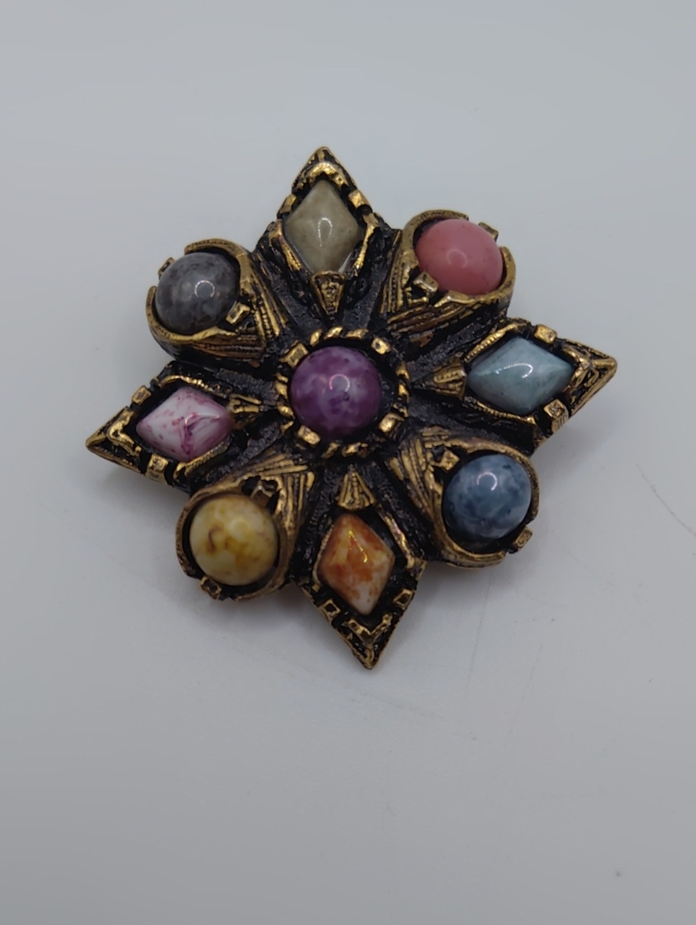 Vintage Maltese Celtic Cross Brooch With Glass Cabochons